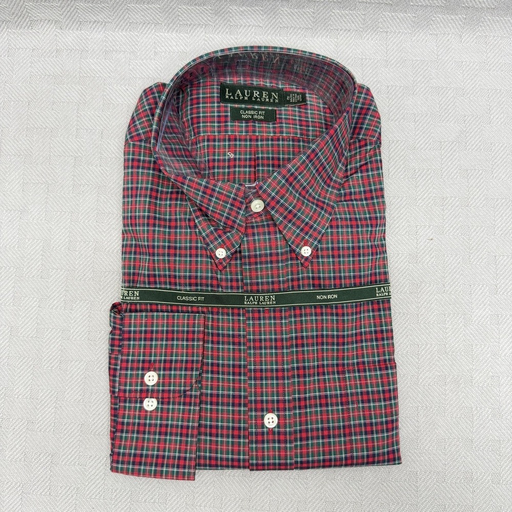 Lauren Ralph Lauren Shirt Mens 17 34/35 Red Long Sleeve Button Up Plaid Cotton‎